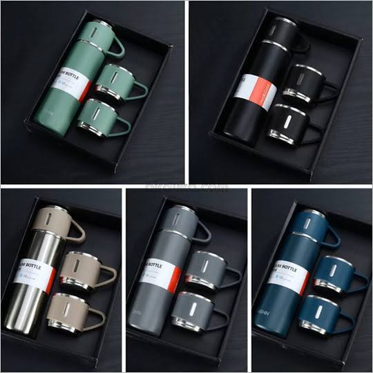 3-Cup 500ml Double-Layer Stainless Steel Vacuum Flask Set β Random Colors | Insulated & Durable