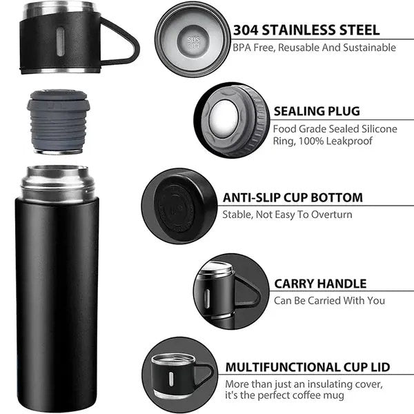 3-Cup 500ml Double-Layer Stainless Steel Vacuum Flask Set β Random Colors | Insulated & Durable