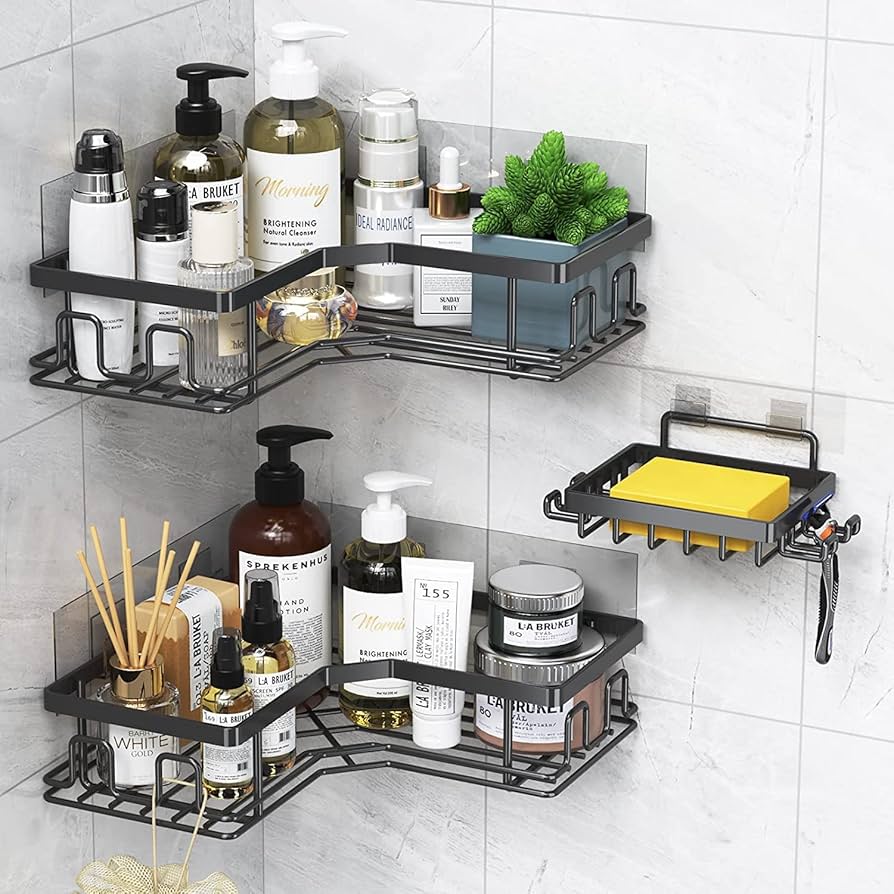 No-Drill Corner Shower Shelf – Wrought Iron Bathroom & Kitchen Storage Rack for Shampoo & Accessories"