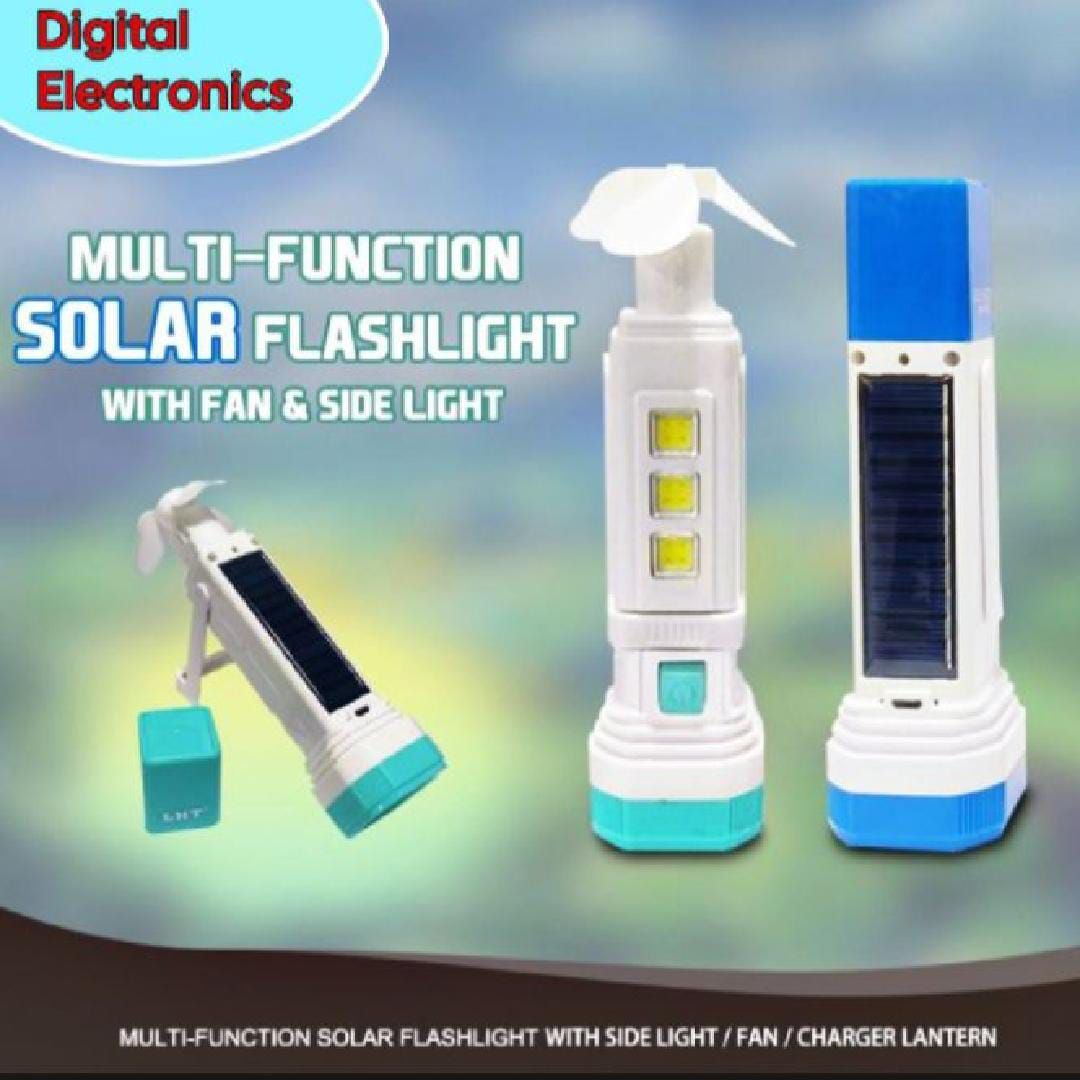 Solar Rechargeable LED Flashlight with Fan & Lantern β 3-in-1 Emergency Light