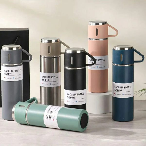 3-Cup 500ml Double-Layer Stainless Steel Vacuum Flask Set – Random Colors | Insulated & Durable