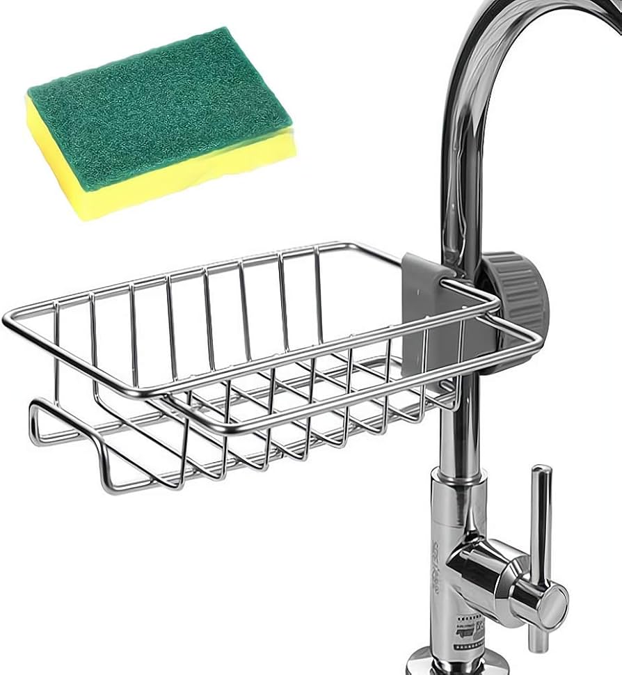 Stainless Steel Faucet Sponge Holder  Adjustable Sink Rack & Soap Organizer