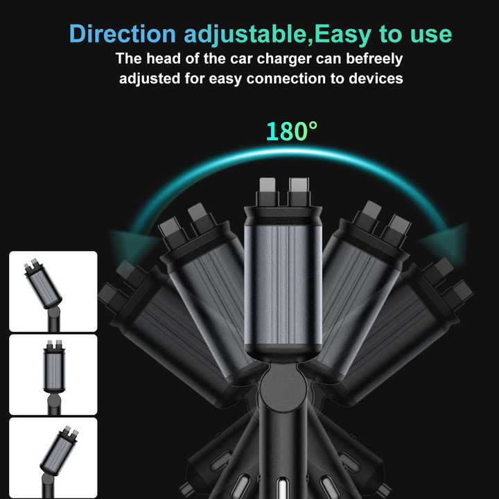 4-in-1 Retractable Car Charger with LED Starlight – 120W PD Fast Charging | Type-C & USB for iPhone, Android, and Laptops