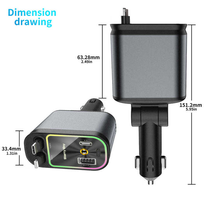 4-in-1 Retractable Car Charger with LED Starlight – 120W PD Fast Charging | Type-C & USB for iPhone, Android, and Laptops