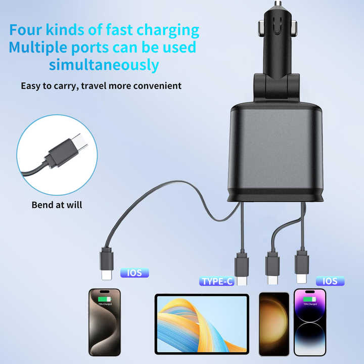 4-in-1 Retractable Car Charger with LED Starlight – 120W PD Fast Charging | Type-C & USB for iPhone, Android, and Laptops
