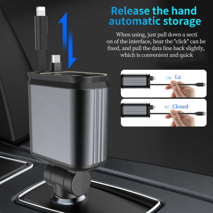 4-in-1 Retractable Car Charger with LED Starlight – 120W PD Fast Charging | Type-C & USB for iPhone, Android, and Laptops