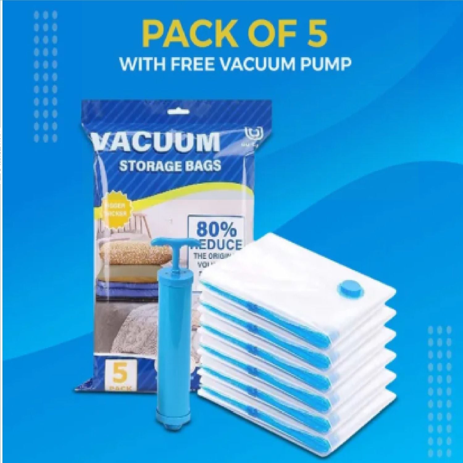 Vacuum Storage Bags with Pump – 5 Pack Travel Space Saver Compression Bags